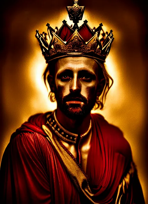 Image similar to 'Portrait of Crowned King Arthur' by Lee Jeffries royally decorated, whirling plasma, atmospheric motes, red and gold Sumptuous garb, gilt silk fabric, radiant colors, fantasy, perfect lighting, studio lit, micro details,