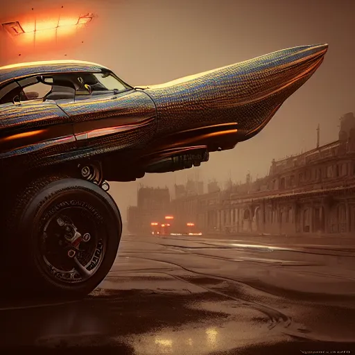 Prompt: cyborg vintage flying supercar slick warm tones : by michal karcz, daniel merriam, victo ngai and guillermo del toro : ornate, dynamic, particulate, intricate, elegant, highly detailed, centered, artstation, smooth, sharp focus, octane render