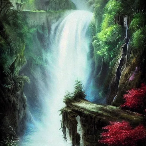 Prompt: a beautiful waterfall, elegant, soulful, liquid, masterpiece, Cinematic, fantasy art,