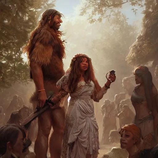 Image similar to Neanderthal wedding, historically accurate, highly detailed, highly detailed, digital painting, artstation, concept art, smooth art, sharp focus, illustration, art by artgerm and greg rutkowski and alphonse mucha and loish and WLOP