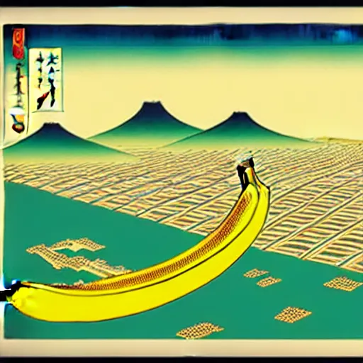 Image similar to propaganda poster of an abstract high resolution map of the banana city in Ukiyo-e style, HD