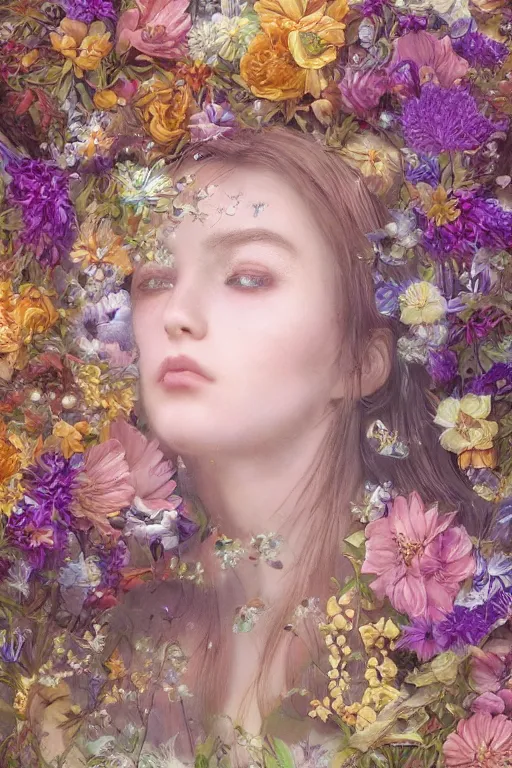 Image similar to elaborately detailed close up portrait of an extremely beautiful girl surrounded by flowers, an eerie mist and ethereal rainbow bubbles, Aetherpunk, high fantasy matte painting, fantasy matte painting movie poster, Art Nouveau, smooth, sharp focus, atmospheric lighting, highly detailed illustration highlights, backlight, golden ratio, 8K detail post-processing, symmetrical facial features, rich deep moody colors, majestic, dark epic fantasy, award winning picture, sense of awe, featured on DeviantArt, trending on cgsociety