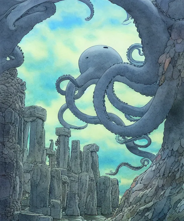 Image similar to a hyperrealist studio ghibli watercolor fantasy concept art of a giant grey octopus sitting on top of stonehenge underwater. by rebecca guay, michael kaluta, charles vess