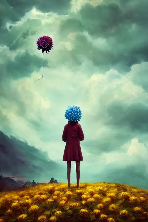 Image similar to closeup girl with giant dahlia flower as head, standing on mountain, surreal photography, blue storm clouds, dramatic light, impressionist painting, digital painting, artstation, simon stalenhag