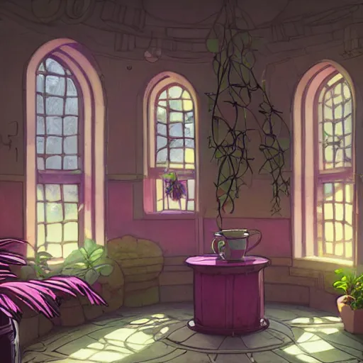 Prompt: concept art painting of a interior of a cozy alien fantasy cottage, circular windows, with black vines and magenta houseplants, realistic, detailed, cel shaded, dark, in the style of makoto shinkai and greg rutkowski and james gurney