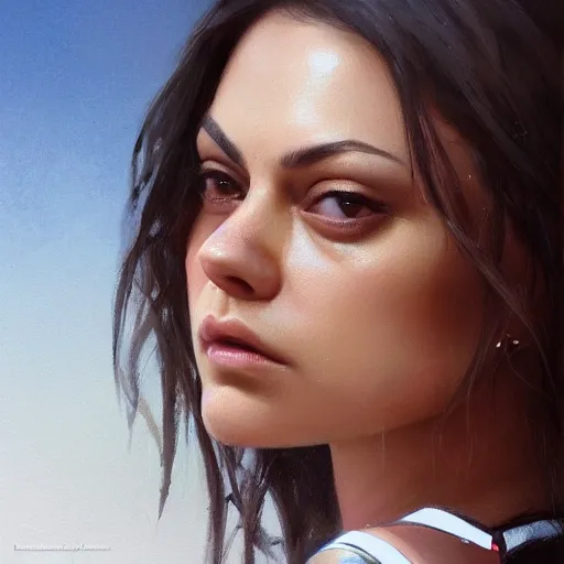 Image similar to mila kunis closeup portrait, dramatic light, lake background, 2 0 0 mm focal length, painted by stanley lau, painted by greg rutkowski, painted by stanley artgerm, digital art, trending on artstation