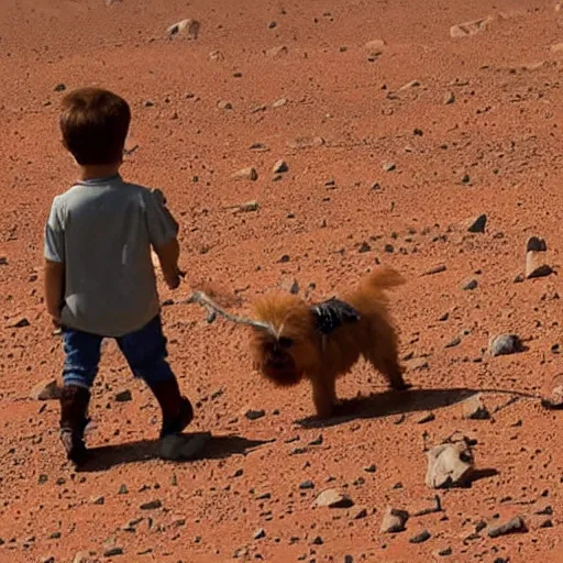 Image similar to Near the human settlement on Mars, a child taking his dog for a walk