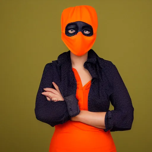Prompt: portrait of a woman wearing a orange mask, orange background, studio lighting