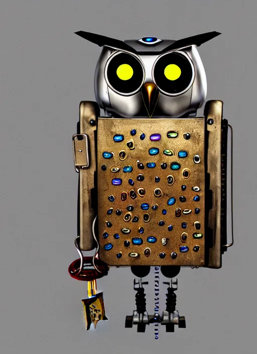 Image similar to colored pencil and pen drawing of an animatronic robot owl, bird made from rusty old keys and padlocks, 4 k photorender realityengine