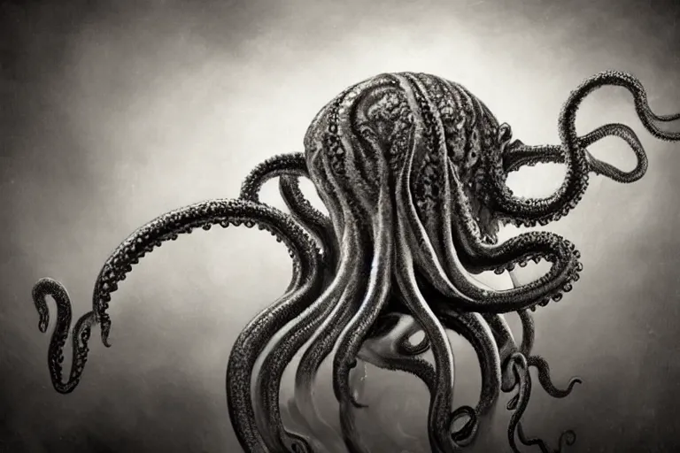 Image similar to ultra realist soft painting of the head of Cthulhu barely visible in the fog, slimy tentacles, very intricate details, ultra dense fog, golden ratio, volumetric black and white lighting, reflections, refractions, symmetry accurate anatomy features, unreal render