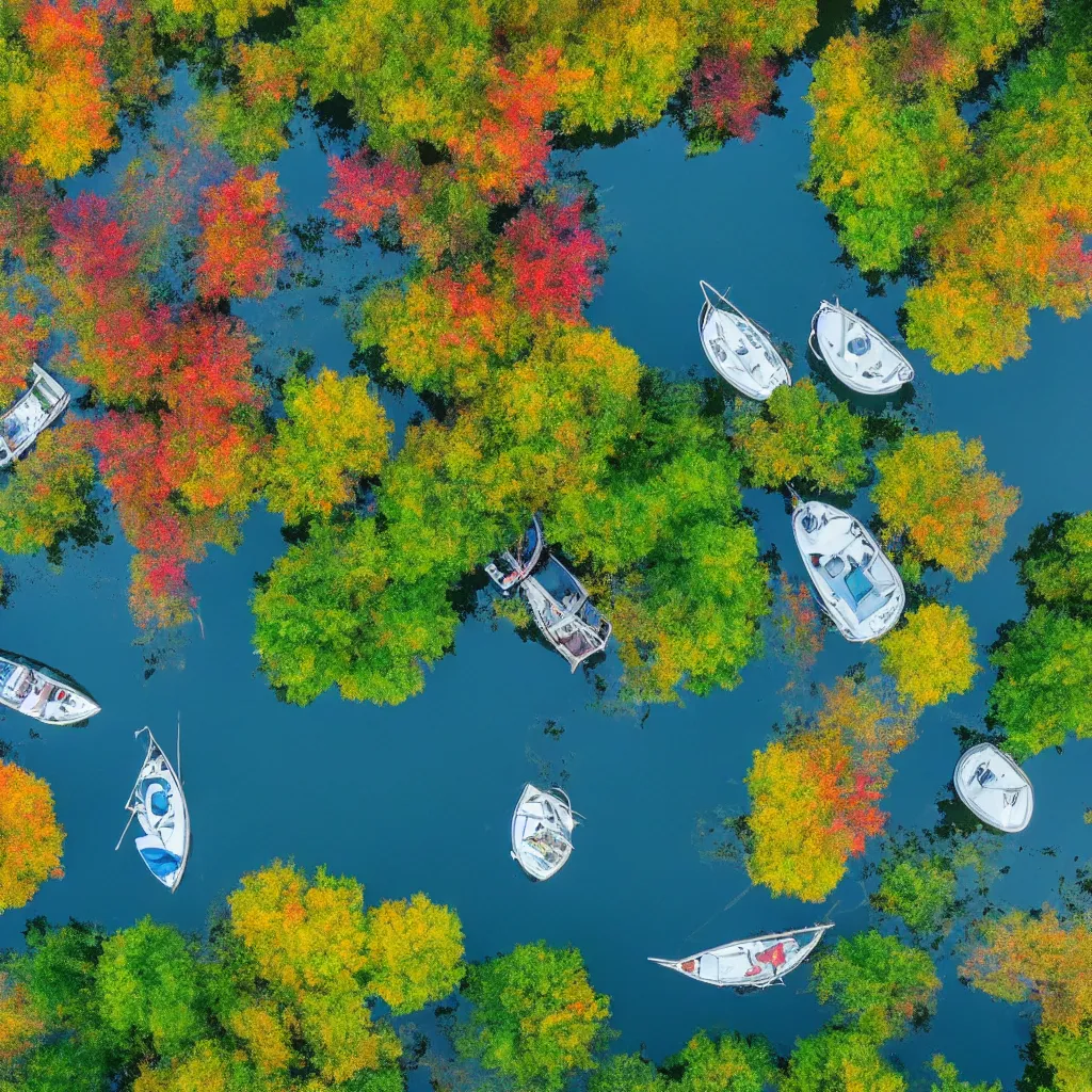 Prompt: ariel view of lake, silver cloud reflections, boats, colourful august foliage, very detailed, 4 k, professional photography