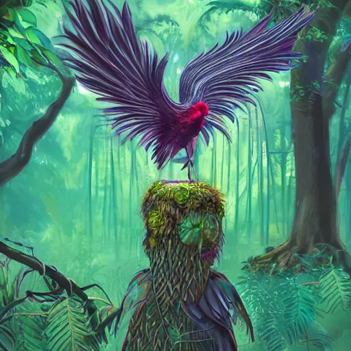 Prompt: mystical folk birdhuman character on a tropical forest, realistic proportions, hyper realism, mystic painting, glitch art, poster art, japanese design