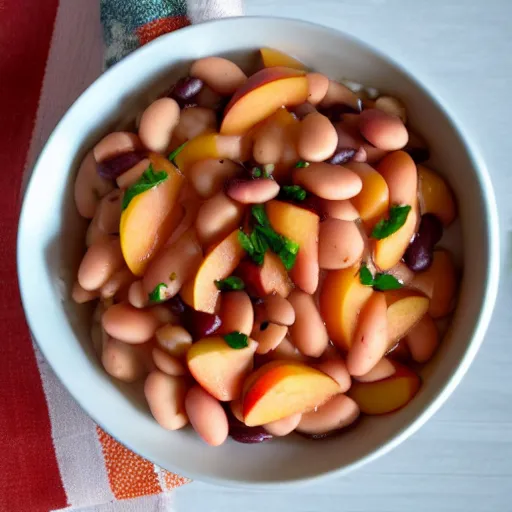 Prompt: a delicious bowl of peach and beans - n 4