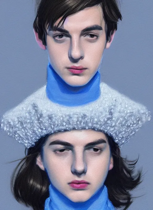 Image similar to portrait of teenage jughead jones wearing a light grey crown, crown, blue turtleneck, 1 9 5 0 s, closed eyes, photorealistic, black hair, glowing lighting, intricate, elegant, glowing lights, highly detailed, digital painting, artstation, concept art, smooth, sharp focus, illustration, art by wlop, mars ravelo and greg rutkowski