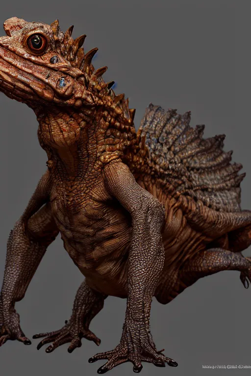 Image similar to a frilled neck lizard wearing leather armor, unreal engine, volumetric lighting, artstation