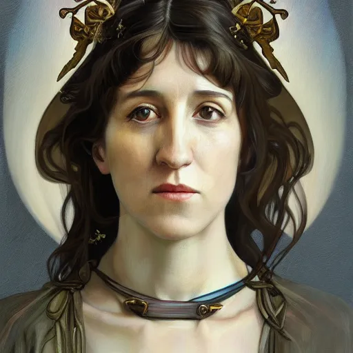 Image similar to portrait of charlotte gainsbourg as joan of arc, hyperreal digital painting, iconography influenced by alphonse mucha and eugene delacroix, arstation and deviantart trends, high resolution 8 k