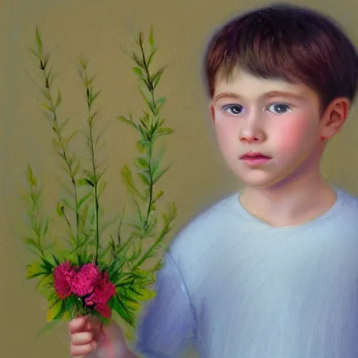 Image similar to a young boy is holding a bouquet of flowers, a pastel by bourgeois, pixabay, art & language, stockphoto, vray