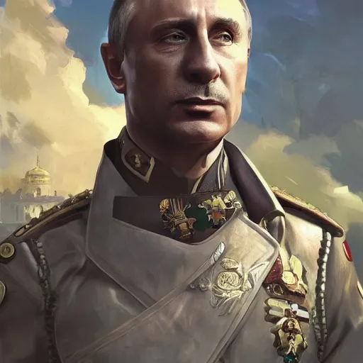 Image similar to Death of Vladimir Putin as General Sebastiano Di Ravello from Just Cause 2 game, portrait, highly detailed, digital painting, artstation, concept art, smooth, sharp focus, illustration, cinematic lighting, art by artgerm and greg rutkowski and alphonse mucha