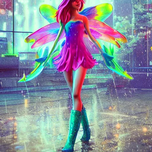 Image similar to stylish magical fairy, splashes of neon, cartoon portrait made out of rain, trending on artstation, epic composition, beautiful, rendered in octane, unreal engine, highly detailed, realistic