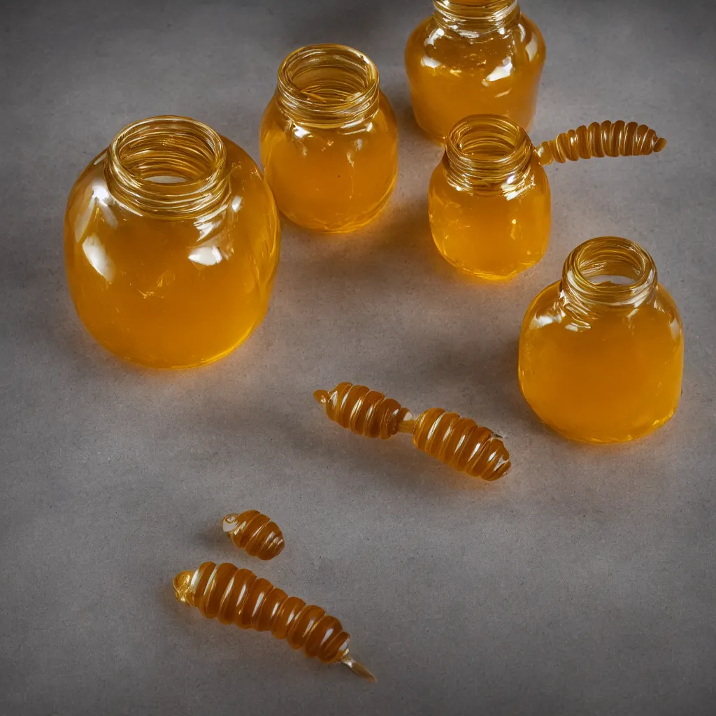 Prompt: klein bottle honey jar, product photography, beautiful studio photography, golden glowing honey