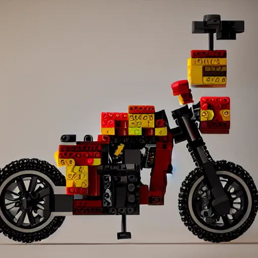 Image similar to motorcycle made entirely out of legos, global illumination, photorealistic