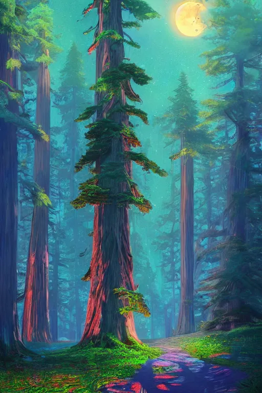 Image similar to redwood trees during nighttime, under the full moon. radiating colorful energy. photorealistic, magical atmosphere,, holographic undertones, intricate and detailed, highly saturated colors, by kan liu, breath of the wild, studio ghibli. trending on artstation. award winning, daily deivation