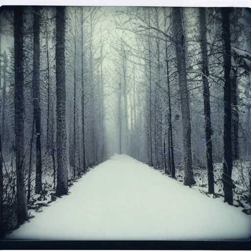 Prompt: atmospheric polaroid photograph of snowy forest growing on a city street