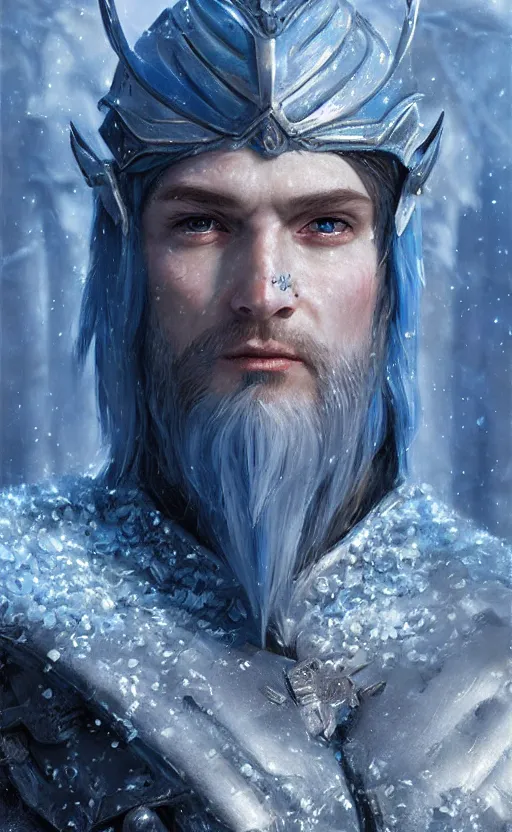 Image similar to portrait of a frozen blue elf in armor, frost, male, detailed face, fantasy, highly detailed, cinematic lighting, digital art painting by greg rutkowski