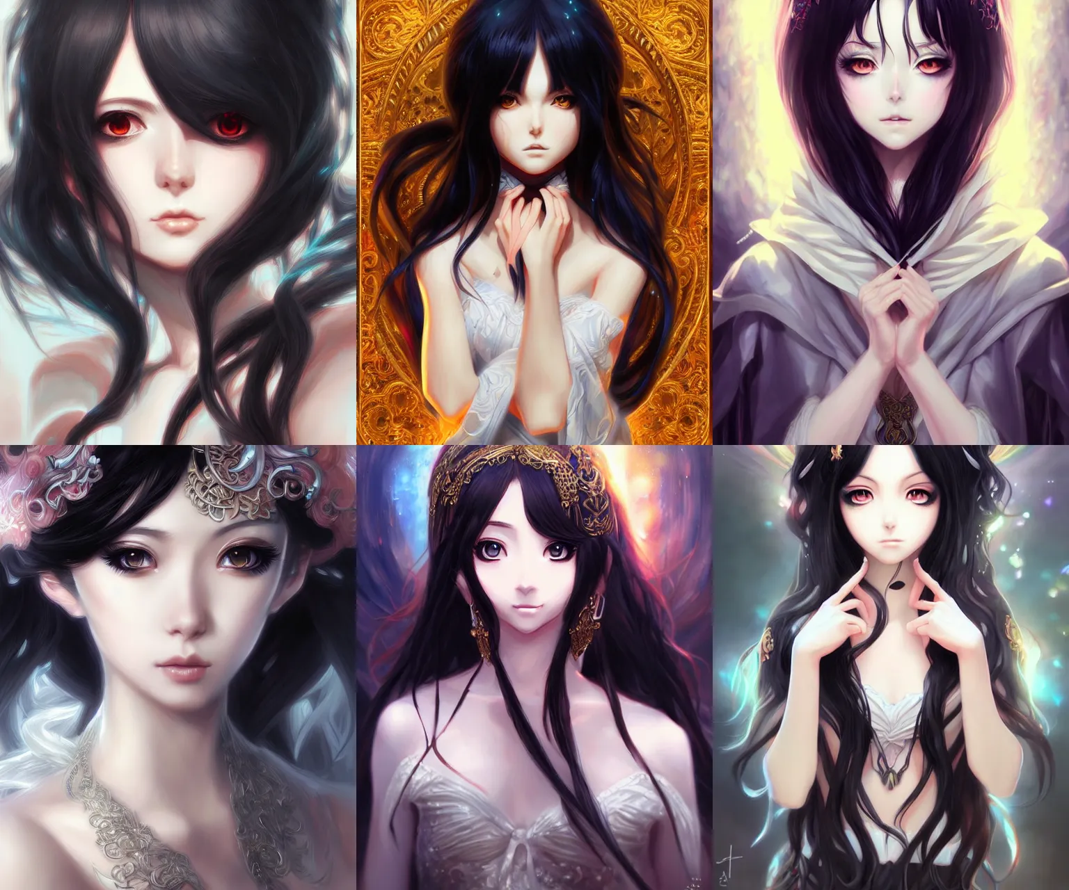 Prompt: anime portrait, intricate, ornate, mystical, elegant, long black hair, digital painting, artstation, concept art, art by artgerm