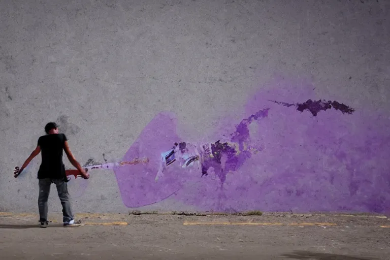 Prompt: dripping purple faded paint across the shape of a human playing guitar, realistic, extremely detailed, coming out of the wall