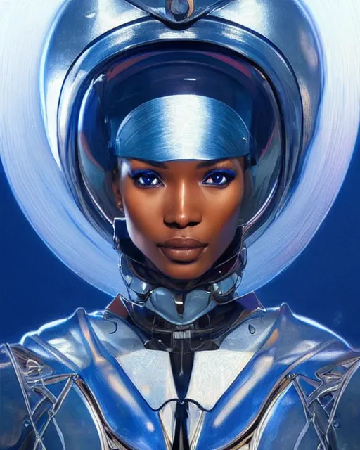 Image similar to Portrait of very very very very very very beautiful african woman, spacesuit, futuristic cybernetic helmet, blue eyes, real life skin, intricate, elegant, highly detailed, artstation, concept art, smooth, sharp focus, art by artgerm and greg rutkowski and alphonse mucha