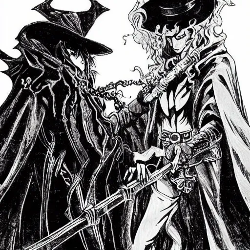 Prompt: “ anime of vampire hunter d versus lucent from alucard from castlevania, castle dracula, fantastic ominous lighting, intricate detail ”