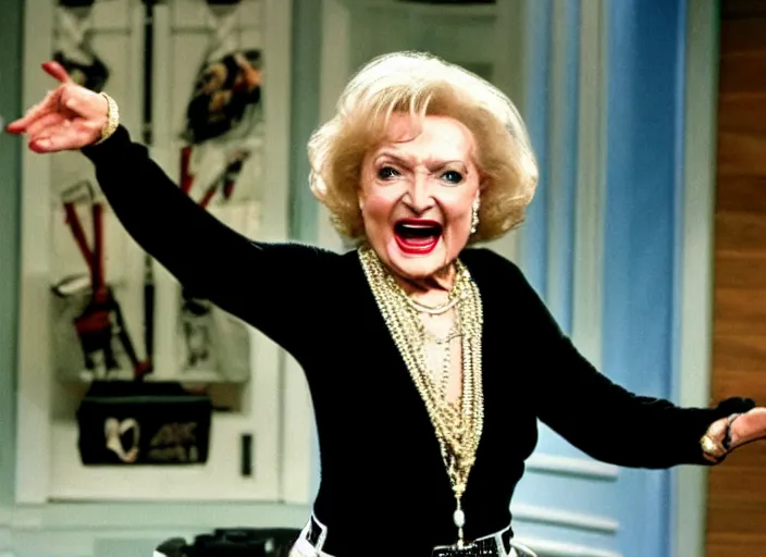Image similar to publicity photo still of betty white as a gangsta rapper live on stage, 8 k, live concert lighting, mid shot