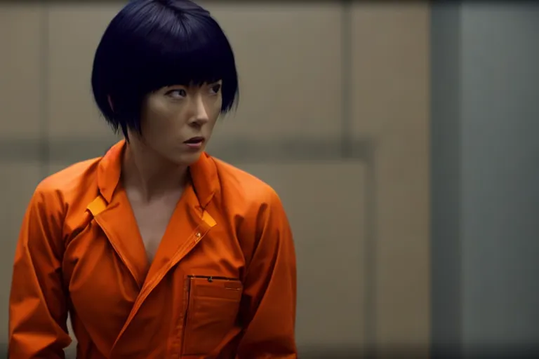 Image similar to major motoko wearing an orange prison jumpsuit, photography by fred palacio medium full shot still from bladerunner 2 0 4 9, sci fi, bladerunner, canon eos r 3, f / 3, iso 2 0 0, 1 / 1 6 0 s, 8 k, raw, unedited