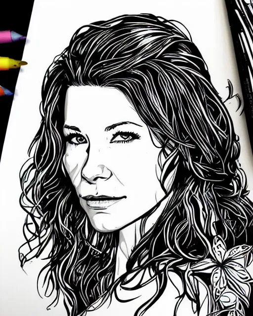 Prompt: portrait of evangeline lilly, stencil, coloring book, line art, simple, low detail