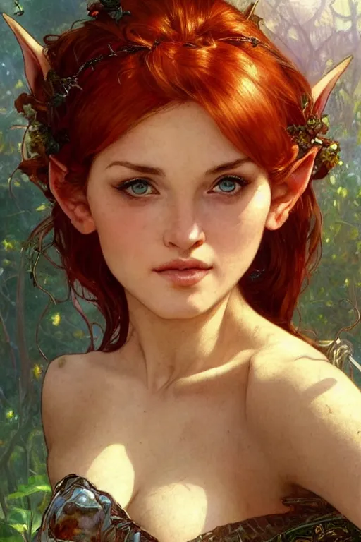 Image similar to alluring closeup portrait of beautiful elf girl with red hair, very detailed face and ears, realistic, tarot card, by Stanley Artgerm Lau, greg rutkowski, thomas kindkade, alphonse mucha, loish, norman rockwell J.