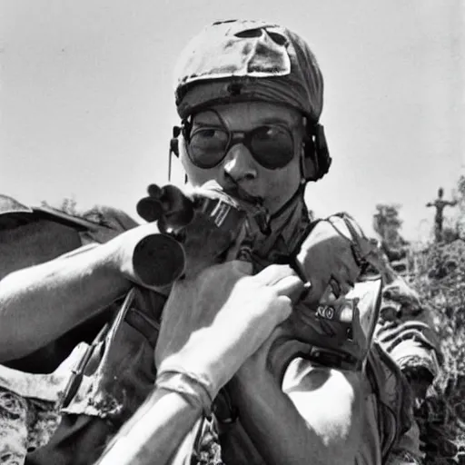 Prompt: War photography of Machine Gun Kelly, carrying a Machine Gun, Vietnam, old quality