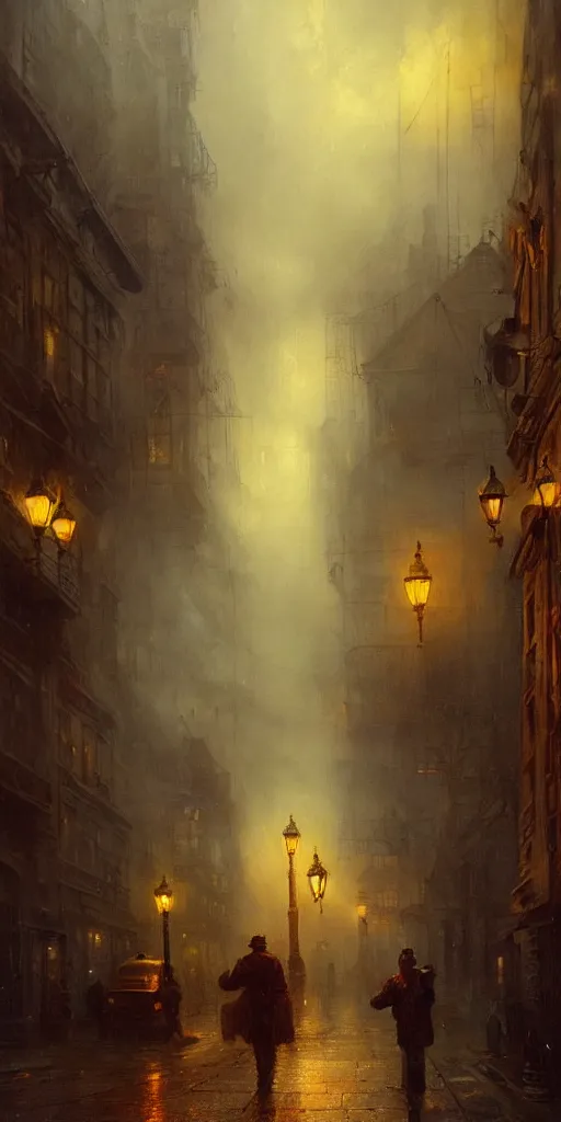 Image similar to a street of a city in 1 9 4 0 with yellow light on from the windows during the night, a men stand up under a light, steam punk, mystical red fog, oil on canvas, art by andreas achenbach, clemens ascher, tom bagshaw and sabbas apterus,