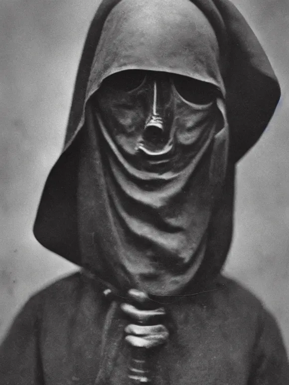 Image similar to portrait of faceless grim reaper with covered face and bright glowing eyes, ww1 photo, grainy, high detail, high resolution,