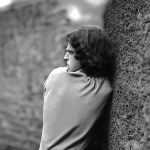 Prompt: An utterly terrified young man with long hair in 1930s attire cornered with his back against a stone wall. Scared look, panic, horror