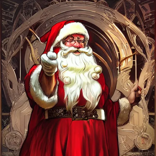 Prompt: an epic fantasy comic book style full body portrait painting of santa claus. d & d. fantasy. intricate. elegant. highly detailed. digital painting. artstation. concept art. matte. sharp focus. illustration. art by artgerm and greg rutkowski and alphonse mucha