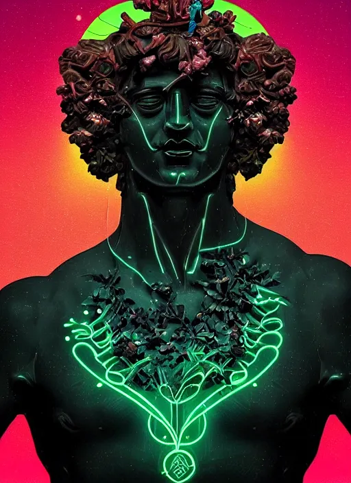 Image similar to statue of dionysus, beeple, android jones, dan mumford, vaporwave, retrowave, black background, neon wiring, black, glitch, strong contrast, cuts, pinterest, trending on artstation