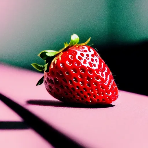 Image similar to a macro photo of a wet strawberry, hyper realistic, hyper detailed, 35mm, very grainy film, pink volumetric studio lighting, bokeh, black background award winning shot, vogue magazine, cinematic, 8k, very closeup, elegant, tender, pastel