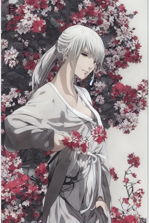 Prompt: beautiful girl, silver hair, white kimono with complex red flower patterns, full body, looking to camera, showing her shoulder from back, ilustration by (Takehiko Inoue) (and Krenz Cushart)