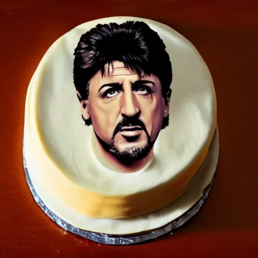 Image similar to delicious cake in shape of stallone, 8 k hd dof