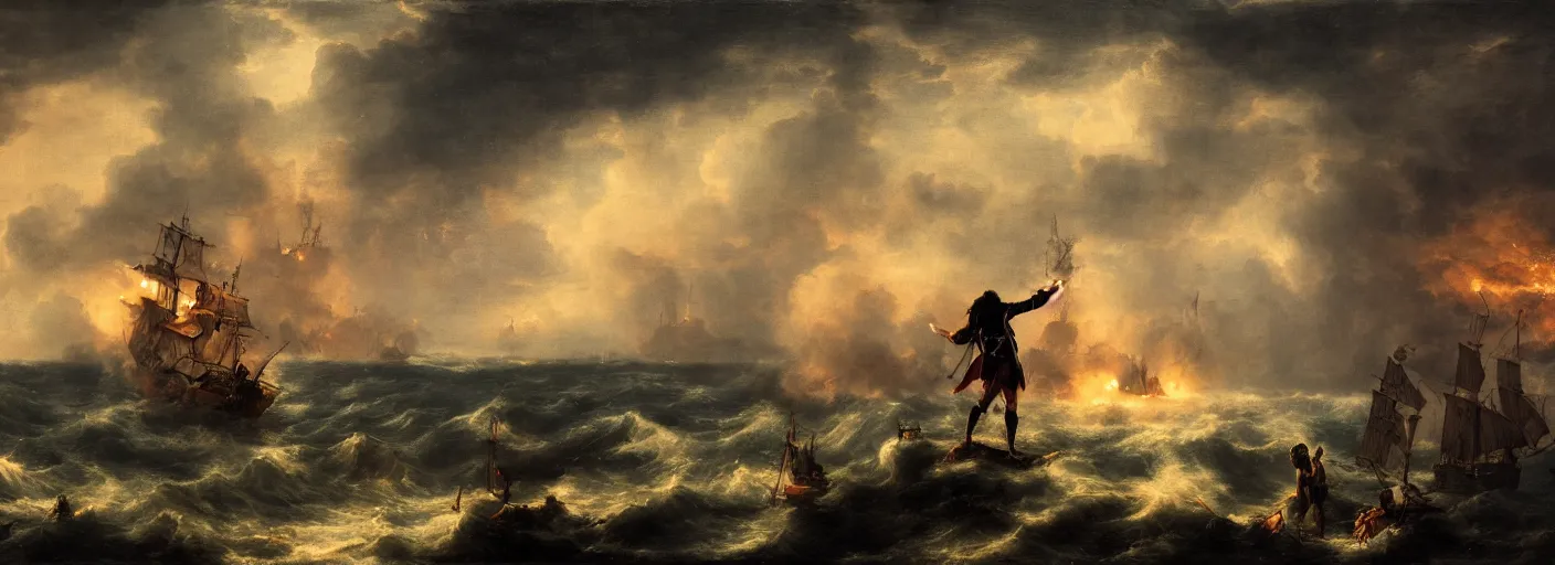 Image similar to a pirate standing on his ship, watching big explosions on the wild sea, dramatic atmosphere