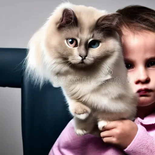 Prompt: photographic studio portrait of a child holding a birman cat, high quality, clean, anatomically accurate, studio lighting, stock photo, 8k, hd