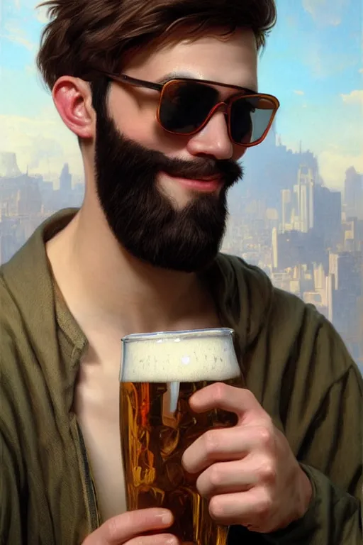 Image similar to a young man wearing raybands holding a beer giving a thumbs up with a long beard, real life skin, intricate, elegant, highly detailed, artstation, concept art, smooth, sharp focus, airbrush painted, art by artgerm and greg rutkowski and alphonse mucha