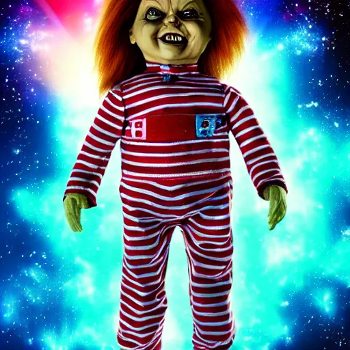 Image similar to Chucky the killer doll flying through the cosmos, psychedelic lighting