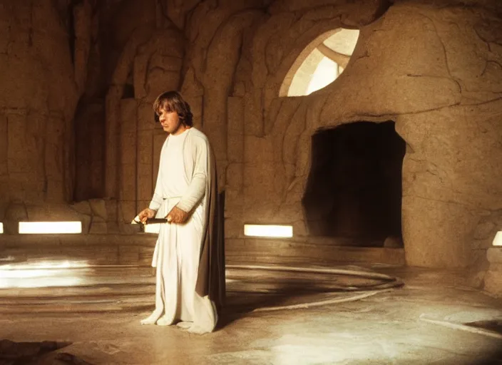 Image similar to single portrait of Luke skywalker uncovering the glowing ancient jedi texts. a hazy ethereal ancient Jedi cathedral, screenshot from the 1983 film Holy Mountain, directed by Jordowsky, Photographed with Leica Summilux-M 24 mm lens, ISO 100, f/8, Portra 400, kodak film, anamorphic lenses